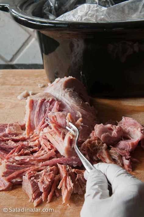 Easy-To-Serve Slow-Cooker Pulled Ham with a Golden Barbecue Sauce Savory Ham Recipes Crock Pot, Smoked Picnic Ham Recipes, Pulled Ham Sandwiches, Shredded Ham Slow Cooker, Pulled Ham Crockpot, Pulled Ham In Oven, Ham Roast In Crock Pot, Picnic Shoulder Ham, Ham For A Crowd