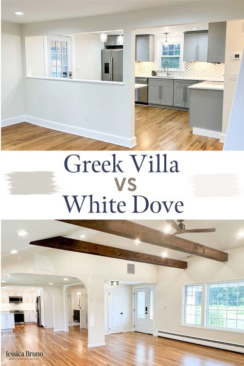 Greek Villa vs White Dove | Four Generations One Roof Greek Villa Vs White Dove, White Dove Paint, Greek Villa Sherwin Williams, Different Homes, White House Interior, White Interior Paint, Greek Villa, Ranch House Remodel, Sherwin Williams White