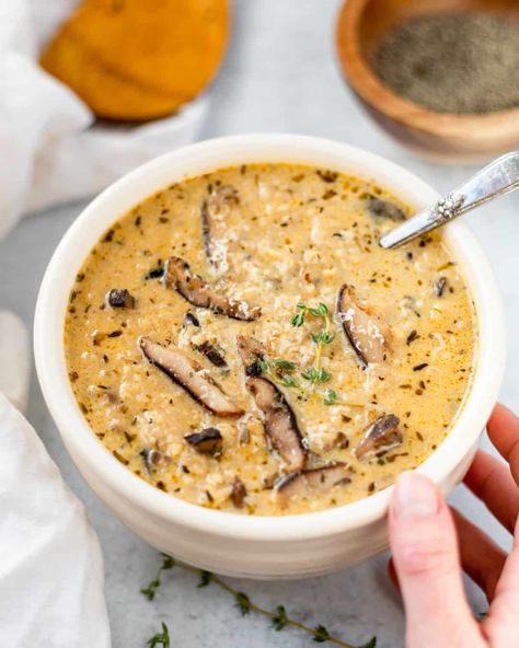 Creamy Mushroom and Rice Soup Mushroom And Rice Soup, Mushroom Rice Soup, Creamy Mushroom Rice, Mushroom And Rice, Best Mushroom Soup, Healthy Soup Recipe, Creamy Avocado Dressing, Mushroom Rice, Mushroom Risotto