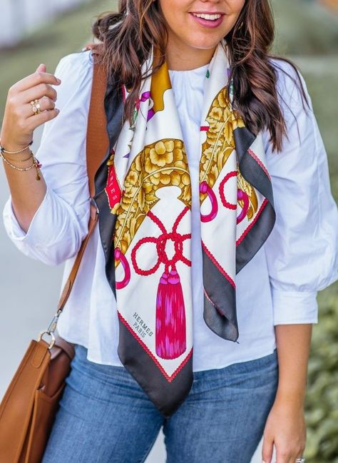 Scarves, Scarf, Hermes Scarf Simple Fall Style, Hermes Scarf Tying, Simple White Blouse, Blouse Styling, Hermes Crossbody Bag, Easy Fall Style, Scarf Hermes, Vintage Hermes Scarf, Hermes Scarves