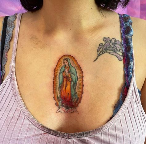 Color Virgin Mary Tattoo, Small Virgencita Tattoo, Virgin Mary Chest Tattoo, Virgin Mary Back Tattoo Women, Lady Guadalupe Tattoo, Midwest Emo Tattoo, Virgen Mary Tattoo For Women, Our Lady Of Sorrows Tattoo, Mary Back Tattoo