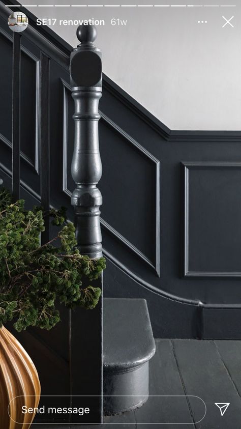 Black Stairway Wall, High Gloss Black Stair Railing, Black Stair Panelling, Downpipe Hallway, Black Panelled Hallway, Dark Grey Staircase, Black Panelling Stairs, Hallway Panelling Black, Narrow Hallway Panelling