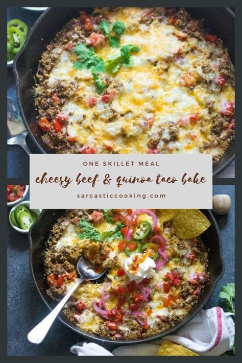 Cheesy Beef & Quinoa Taco Bake | Sarcastic Cooking Ground Beef And Quinoa Recipes, Quinoa Taco Bowl, Texmex Recipes, Pepper And Onions, Quinoa Tacos, Ground Beef Enchiladas, Beef Fajitas, Spicy Tacos, Skillet Dishes