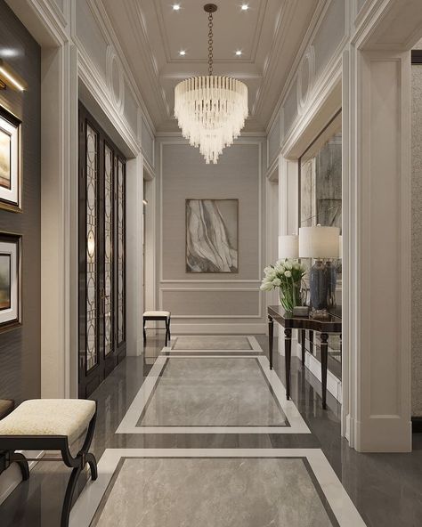 Modern English Interior, House Hall Design, English Interior Design, Corridor Design, English Interior, Neoclassical Interior, Hallway Designs, Marble Flooring, Foyer Design