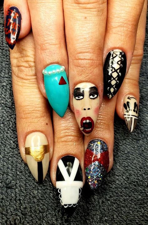 Rocky Horror Picture Show Nail Art, Rocky Horror Nails Art, Rocky Horror Picture Show Tattoo Ideas, Rocky Horror Picture Show Nails, The Shining Nails, Rocky Horror Nails, Nail Themes, Show Nails, Rock Nails