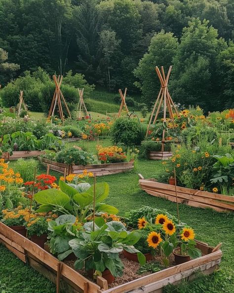 Veggie Gardens Design, Backyard Food Garden Aesthetic, Country Garden Aesthetic, Aesthetic Food Garden, Kitchen Garden Aesthetic, Gardening Set Up, Plant Garden Aesthetic, Farm Garden Aesthetic, Farm Flower Garden