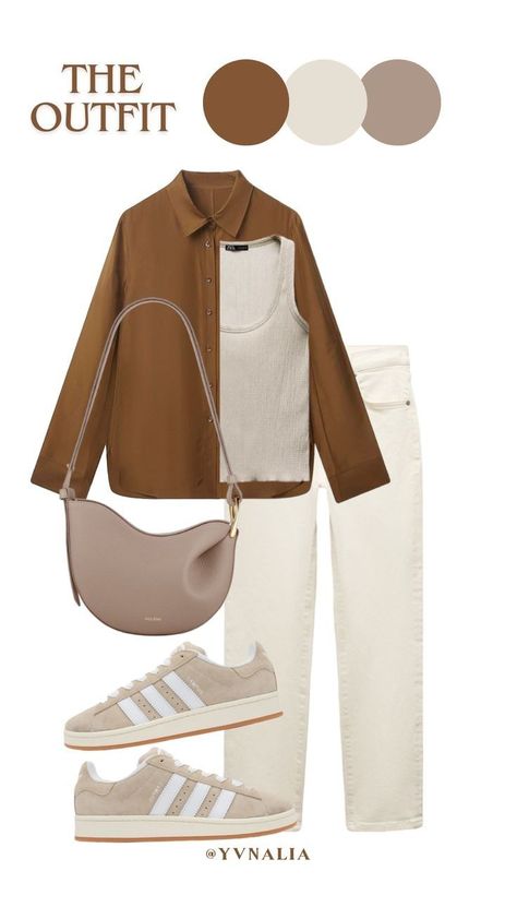 How To Style Brown Shirt Women, Brown Neutral Outfits, Sand Color Outfit, Neutral Color Outfits Women, Beige And Brown Outfit Ideas, Brown Outfit Summer, School Outfits University, White And Brown Outfit, Preppy Back To School Outfits