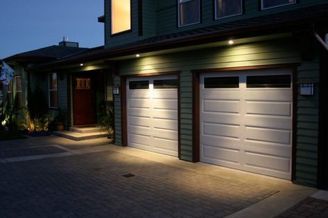 Exterior Garage Door Lighting | Lighting Distinctions Lights Over Garage, Over Garage Door, Outdoor Recessed Lighting, Exterior Garage Door, Garage Door Lights, Garage Door Panels, Door Lights, Recessed Lights, Outdoor Barn Lighting