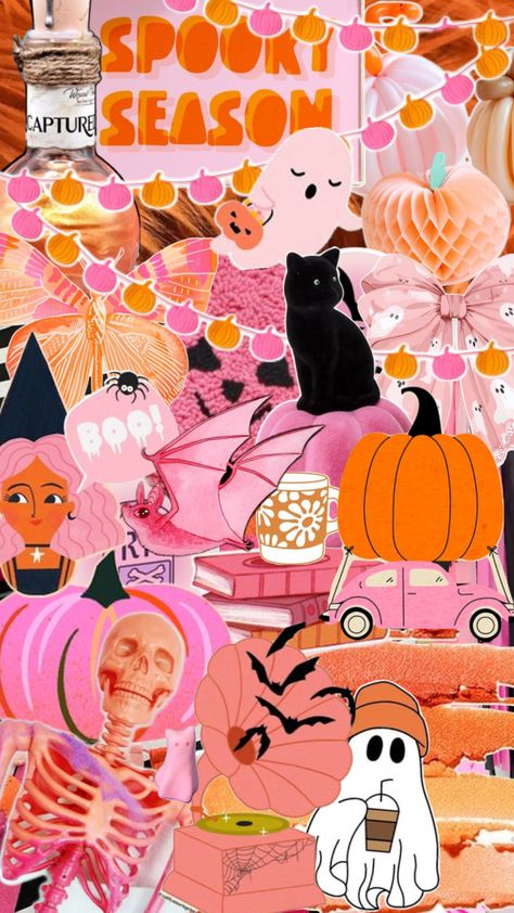 Pink and orange Halloween aesthetic Pink Halloween Macbook Wallpaper, Pink Background Halloween, Pink Halloween Wallpaper Collage, Pink Halloween Collage, Aesthetic Pink Halloween Wallpaper, Pink Preppy Halloween Wallpaper, Pink And Orange Halloween Wallpaper, Hot Pink Halloween Wallpaper, Orange Halloween Aesthetic