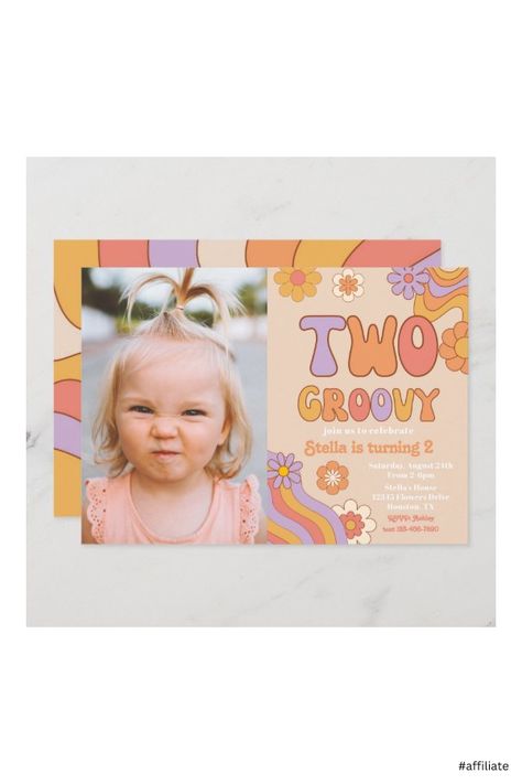 Groovy Invitations, Groovy Birthday Invitation, Two Groovy Birthday Party, Two Groovy Birthday, Groovy Birthday Party, 70's Party, Retro Invitation, Groovy One, Two Groovy