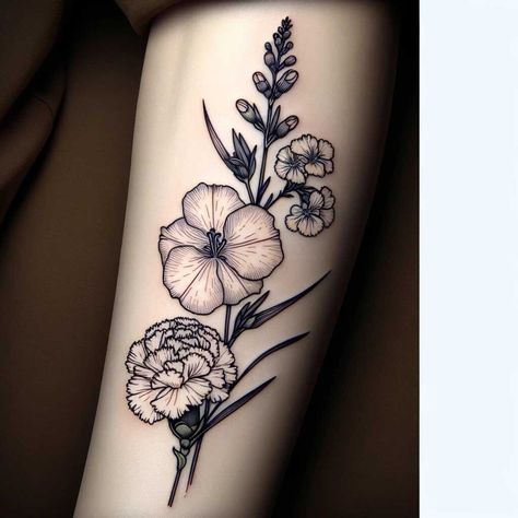 Birth Flower For July, January Birth Flower Tattoo, July Birth Flower Tattoo, Larkspur Tattoo, January Birth Flower, Carnation Tattoo, July Birth Flower, January Birth Flowers, Birth Flower Tattoos