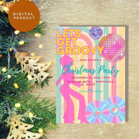 Retro Christmas Party Invitations, Christmas Party Invite Ideas, Party Invite Ideas, Christmas Party Invites, Retro Christmas Party, Disco Christmas, Christmas Party Themes, Party Stand, Party Invites