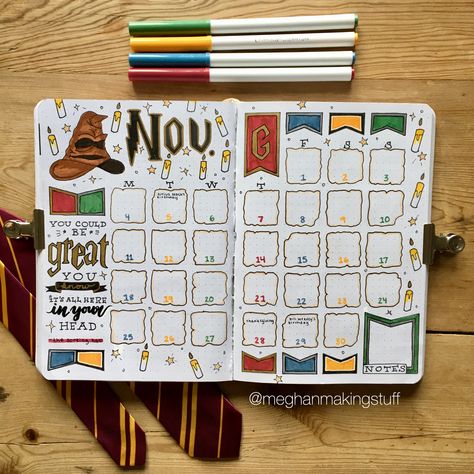 Sorting hat themed November bullet journal cover page. Bullet journal spread. Bujo 2019. Hogwarts houses. Gryffindor. Monthly spread. Harry Potter art. Harry Potter Journal Ideas, Harry Potter Bujo, November Bullet Journal Cover, Cover Page Bullet Journal, Harry Potter Bullet Journal, Harry Potter Calendar, Page Bullet Journal, November Bullet Journal, Bullet Journal Calendar