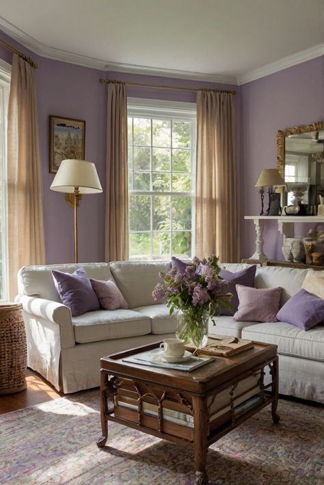 Enhance your living room sofa with these tips to create depth and intrigue. From color combinations to layering textures, elevate your space effortlessly. #ad     #Livingroom #wallpaint2024  #color2024  #DIYpainting  ##DIYhomedecor  #Fixhome Purple Sitting Room Ideas, Lilac Living Room, Lavender Living Room, Southern Living Rooms, Modern Traditional Living Room, Brick Wall Living Room, Pastel Living Room, Kitchen Renovation Inspiration, Purple Living Room