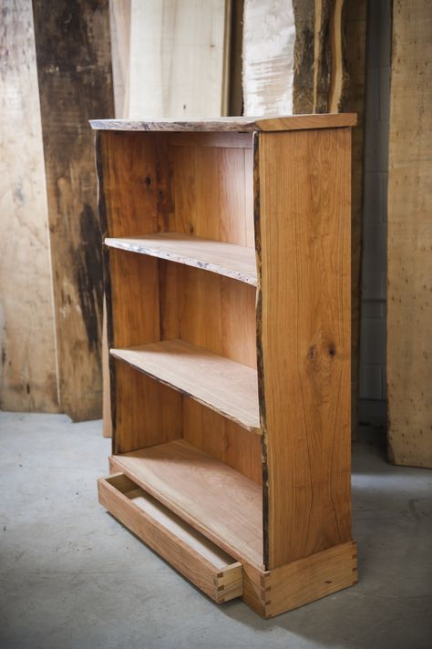 Cherry "live edge" bookcase Live Edge Bookcase, Live Edge Bookshelf, Rustic Woodworking Projects, Massage Room Decor, Forest Bedroom, Live Edge Shelves, Bedroom Cabinet, Rustic Bookcase, Bookcase Diy