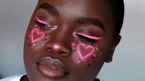 Neon Pink Makeup, Hearts Makeup, Neon Hearts, Neon Heart, Bold Makeup Looks, Neon Makeup, Cute Makeup Looks, Bold Makeup, Stay Gold