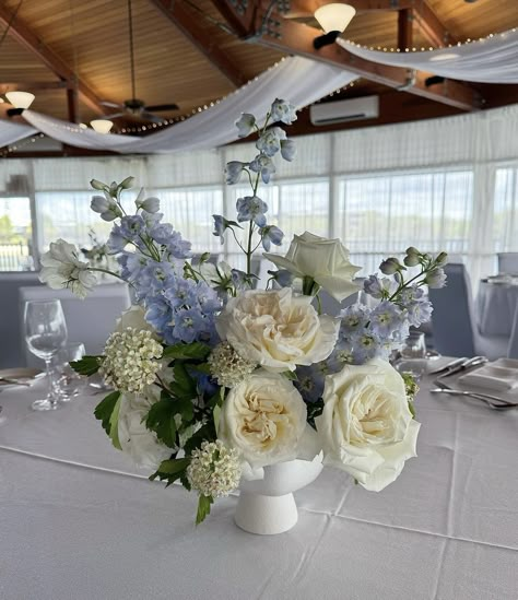 Blue Delphinium Arrangement, Delphinium Wedding Flowers, Blue Hydrangea Wedding Centerpieces, Dusty Blue Centerpieces Wedding, Blue Floral Centerpieces, Blue White And Gold Wedding, Hydrangea Centerpiece Wedding, White Flower Centerpieces, Blue Flower Arrangements