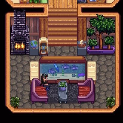 i made this basement area a "hangout place" to put a big aquarium and just an area in the house to be cozy :)) items used: ϟ iridium fireplace ϟ jukebox ϟ modern end table ϟ globe ϟ model ship ϟ deluxe fish tank ϟ box lamps ϟ house plants ϟ wizard couch ϟ stone slab ϟ deluxe tree. hope you like it and happy farming 💖 Aquarium Stardew Valley, Fish Tank Stardew Valley, Stardew Valley Fish Tank Room, Stardew Aquarium, Stardew Aquarium Room, Stardew Valley Aquarium Room, Stardew Valley Aquarium, Stardew Interior, Stardew Design