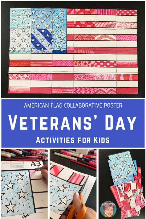 FREE collaborative American flag poster and many other unique Veterans' Day activities for kids...thank you notes, agamographs, coloring sheets, and more! Veterans Day Poster Ideas, Veterans Day Art Projects, Flag Art Project, Veterans Day For Kids, Veterans Day Poster, Veterans Day Art, Veterans Day Coloring Page, Free Veterans Day, Patriotic Activities