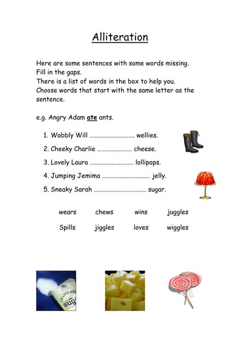 Alliteration Worksheet, Alliteration Activities, Kindergarten Drawing, Language Arts Worksheets, Some Sentences, Multiplication Facts, Educational Worksheets, Word List, Student Activities