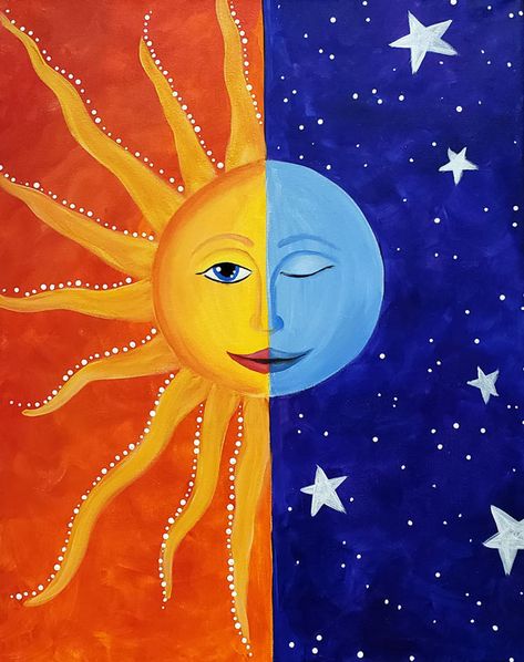 Sun Moon Painting Easy, Easy Sun And Moon Painting, Sun And Moon Drawing Easy, Sun And Moon Painting Canvases Easy, Sun And Moon Drawing Paintings, Sun And Moon Painting Easy, Ideas For Acrylic Painting, Sun Painting Ideas, Acrylic Paint Art Ideas