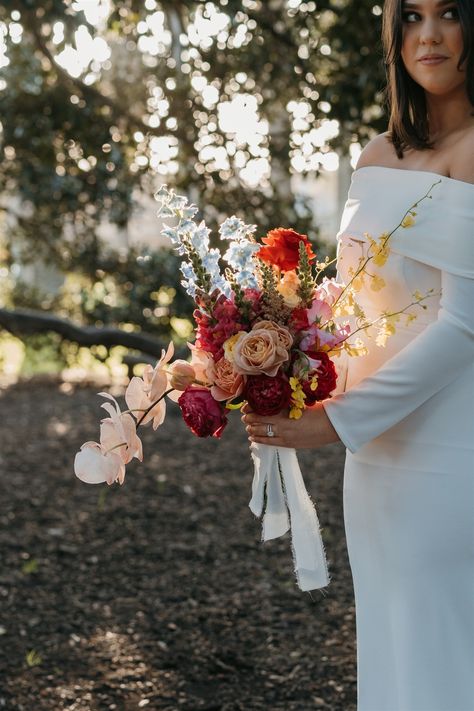 Colourful Bridal Bouquet, Colorful Bridal Bouquet, Modern Bridal Gowns, Colourful Wedding, Veil Accessories, Bridal Store, Coastal Wedding, Bridal Stores, Modern Bridal