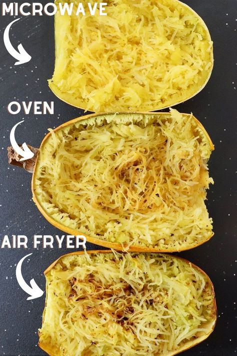 three halves of cooked spaghetti squash on cutting board with text overlay Spaghetti Squash Cook Time, Air Fryer Spaghetti Squash, Air Fryer Spaghetti, Cooked Spaghetti Squash, Spaghetti Squash Microwave, Ground Turkey Chili Recipe, Squash In Oven, Easy Spaghetti Squash, Spaghetti Squash Recipes Easy