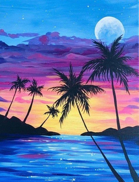 30 Easy Landscape Painting Ideas for Beginners, Simple Acrylic Artwork – artworkcanvas Paintings Ideas Simple, Simple Painting Ideas For Kids, Painting Ideas For Kids Easy, Acrylic Painting Ideas Easy, Palm Tree Paintings, Oil Paintings Ideas, Landscape Painting Ideas For Beginners, Easy Diy Painting, Easy Landscape Painting Ideas