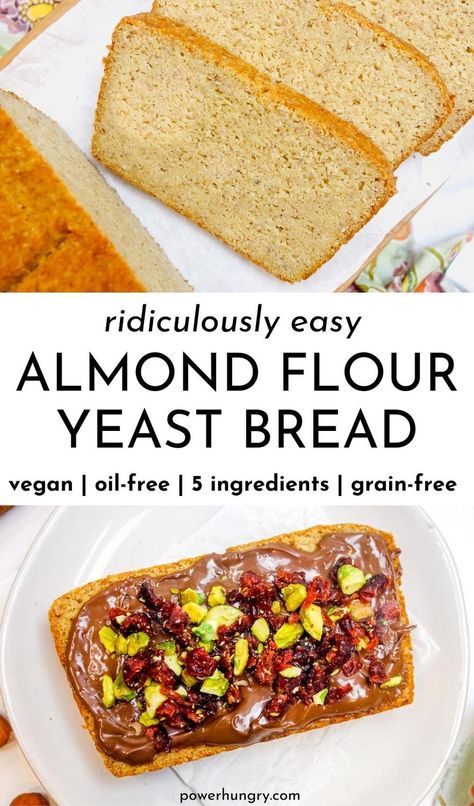 Quick and easy vegan almond flour bread with yeast is the grain-free, gluten-free, oil-free sandwich bread you've been waiting to make & eat! #almondflour #yeast #yeastbread #easyyeastbread #sandwichbread #wfpb #wfpbno #wfpbbread #grainfree #grainfreebread #glutenfree #glutenfreebread #oilfree #oilfreebread #easyveganbread #almondflourbread Bread With Yeast, Almond Flour Bread Recipes, Yeast Free Breads, Almond Flour Bread, Grain Free Bread, Chewy Bread, Flour Bread, Almond Flour Recipes, Flour Recipes