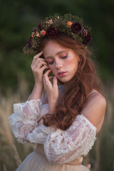 Autumn flower bridal hair wreath with burgundy roses. Boho style. The flower wreath is made of natural preserved and dried flowers, artificial flowers, leaves, grass and other trinkets used for arranging. Photo: Michaela durisova photography Model: Tamara L. When stored in dry and dark place, our products last 10-15 years. We can also make you other matching accessories. Please message me for more information. :) ---------------------------------------------------------------- SHIPPING INFO For Cottagecore Flowercrown, Boho Hair Crown, Natural Bridal Hair, Baby Breath Flower Crown, Flower Garland Hair, Grass Photo, Textile Flowers, Flower Wreath Hair, Bridal Hair Wreath