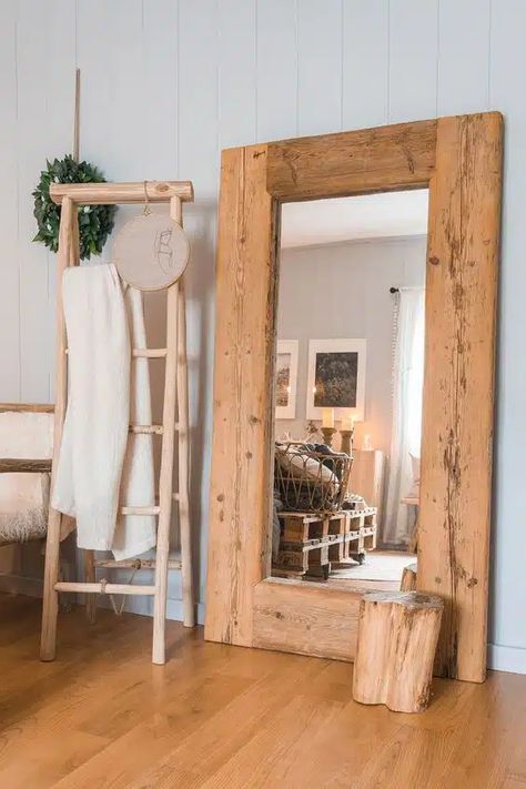 Ideas Creativas Para Decoración Moderna Y Rústica Rustic Bathroom Mirror, Wood Floor Mirror, Rustic Bathroom Mirrors, Stylish Mirror, Mirror Full Length, Driftwood Mirror, Mirror Large, Aesthetic Space, Large Wall Mirror