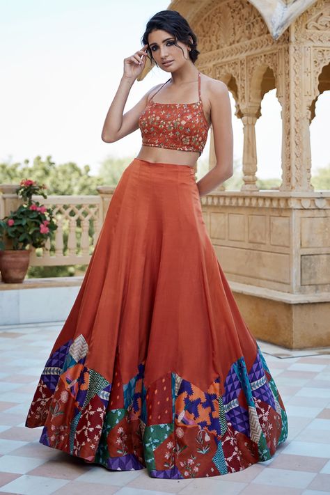 Buy Orange Modal Satin Printed And Embroidered Mixed Flared Lehenga & Blouse Set For Women by Amrood Online at Aza Fashions. Halter Neck Blouse Design, Plain Lehenga, Flared Lehenga, Haldi Ceremony Outfit, Cape Lehenga, Orange Lehenga, Halter Neck Blouses, Lehenga Designs Simple, Orange Outfit