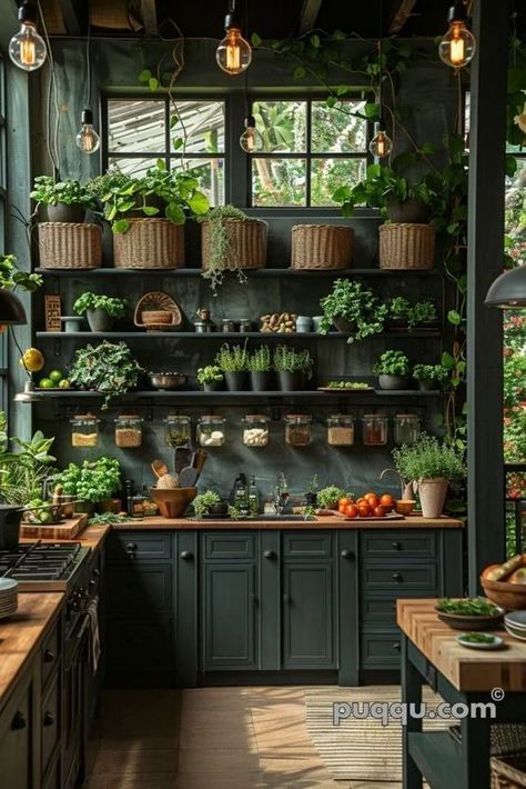 Dark Academia Kitchen, Apothecary Kitchen, Victorian Punk, Modern Apothecary, Cozy Condo, Cozy Kitchens, Decorate Kitchen, Green Kitchen Designs, Dark Cottage Core