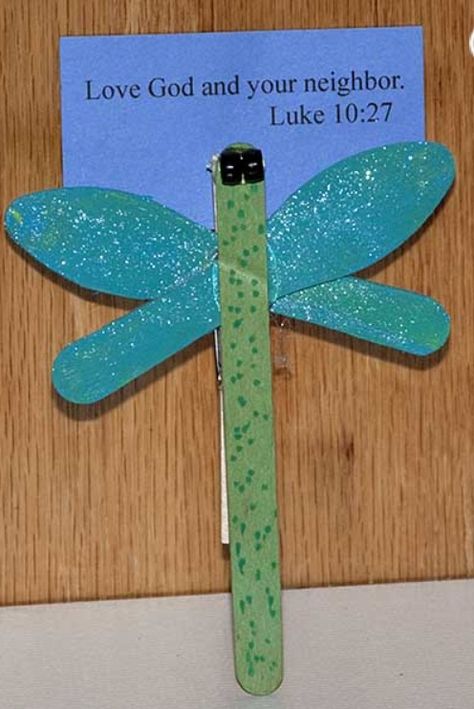 Kids bible craft  idea for open house  could have them decorate popsicle stick and wings, and have them pick memory verse to glue to dragonfly. Good Samaritan Crafts, Backyard Bible Camp, Good Samaritan Craft, Helping Hands Craft, Class Crafts, Sunday School Projects, Children Church, Christian Activities, Children's Church Crafts