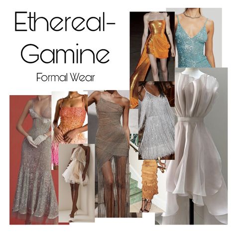 A collage of Ethereal-Gamine essence inspiration for formal wear. Ethereal Dramatic Classic, Flamboyant Gamine Dress, The Gamine Archetype, Romantic Ethereal Style, Ethereal Style Essence, Ethereal Essence Outfits, Ethereal Essence Style, Ethereal Wardrobe, Boyish Aesthetic