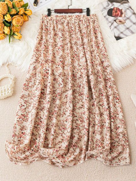 Apricot Boho Collar  Fabric Ditsy Floral Flared Embellished Slight Stretch  Women Clothing Refresh Wardrobe, Mission Fits, Modest Apparel, Ideal Wardrobe, Elastic Waist Skirt, Ruched Skirt, Ditsy Floral Print, Spring Skirts, Clothes Shopping