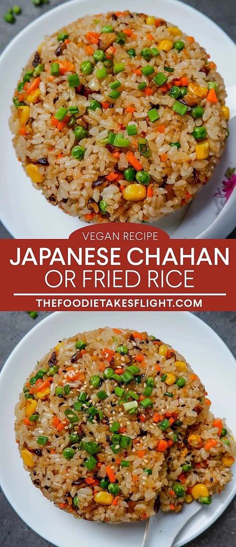 Japanese Chahan or Fried Rice (Vegan Recipe) - The Foodie Takes Flight Vegan Stir Fry Rice, Vegan Fried Rice Recipe, Asian Fried Rice, Tofu With Rice, Sweet Chili Tofu, Fried Rice Vegan, Vegan Japanese Food, Chili Tofu, Rice Japanese