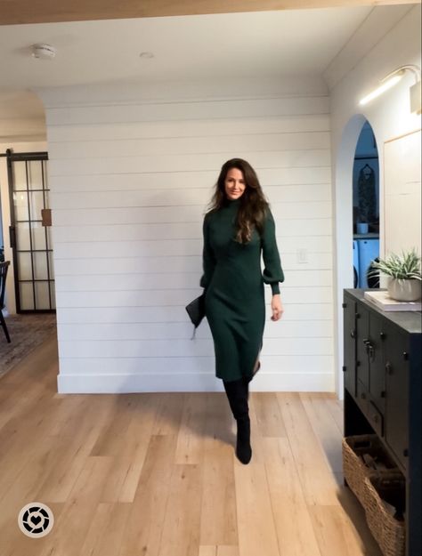 Holiday casual outfit | Sweater Dress | Workwear Suede Black Boots Outfit, Tall Suede Boots Outfit, Green Sweater Dress Outfit, Suede Boots Outfit, Dresses Tall, Tall Suede Boots, Suede Boots Black, Casual Holiday Outfits, Black Boots Outfit