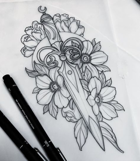 Neo Trad Leaves, Dagger And Flower Tattoo, Cute Dagger Tattoo, Dagger Flower Tattoo, Traditional Throat Tattoo, Vintage Flower Tattoo, Cute Thigh Tattoos, Abstract Tattoo Ideas, Flash Tattoo Designs