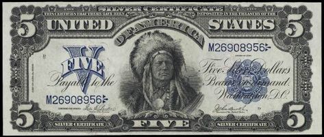 1899 $5 indian chief silver certificate superb gem uncirculated - The Native American depicted on the 1899 $5 bill is not just a random person.  It is actually chief Running Antelope.  He was a chief in the Hunkpapa tribe of Lokata Indians.  He passed away in 1896, so he never got to see his likeness on United States paper money. Indian Images, Us Currency, American Dollar, Native American Chief, Silver Certificate, Native American Peoples, Indian Chief, Native American Heritage, Indian Head