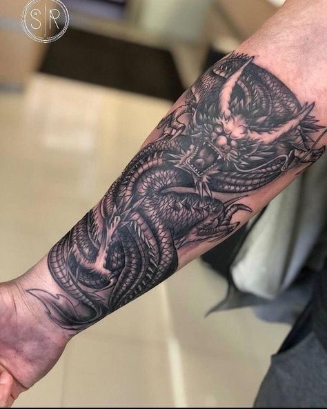 Chinese Tattoo Forearm, Forearm Dragon Tattoo, Polynesian Forearm Tattoo, Dragon Tattoo Forearm, Men Tattoos Arm, Tattoos Arm Sleeve, Oni Tattoo, Random Tattoos, Dragon Sleeve