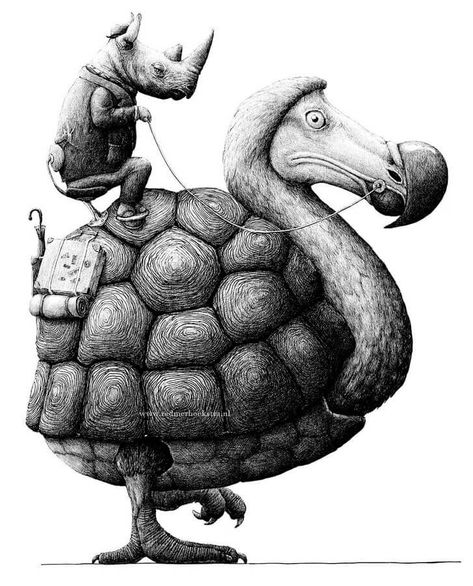 The Rhino and Dodo by R. Hoekstra Redmer Hoekstra, Art Bizarre, Metamorphosis Art, White Drawing, Art Et Illustration, Black And White Drawing, Art And Illustration, Whimsical Art, A Drawing