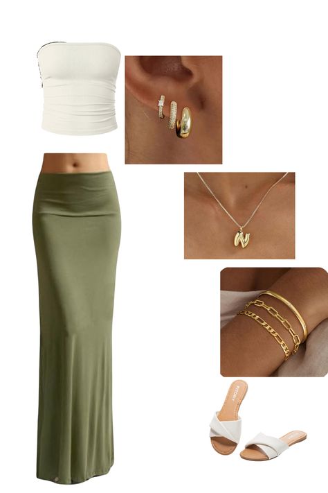 Trendy skirt and tube top with gold accessories for any summer day! Tube Top And Maxi Skirt, Skirt With Tank Top, 2025 Wardrobe, Trendy Skirts, Gold Accessories, Summer Outfits Women, Summer Day, Tube Top, Summer Outfit