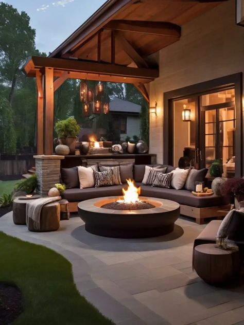 21 Stunning Backyard Patio Designs Ideas with Fire Pit Patio Layout, Dream Patio, Outdoor Patio Designs, Cozy Backyard, Backyard Remodel, Outdoor Room, Cabin Living, Patio Designs, Outdoor Decor Backyard