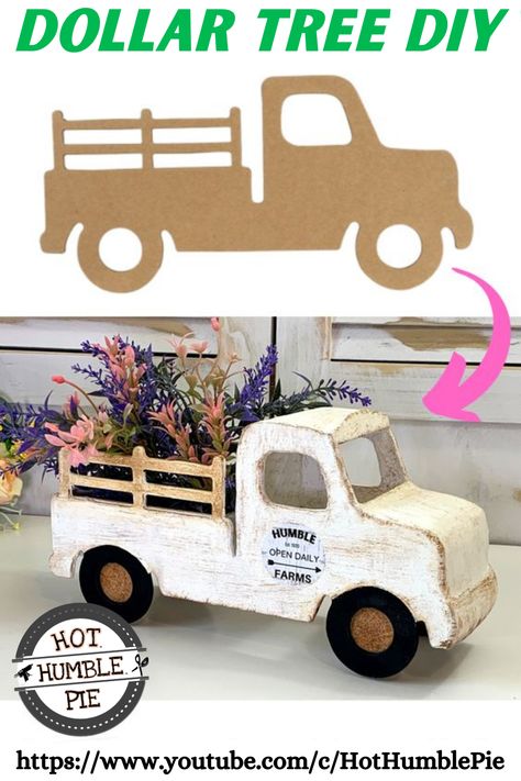 Dollar Tree Fall Diy, Dollar Tree Farmhouse, Truck Crafts, Farmhouse Truck, Red Truck Decor, Truck Diy, Farmhouse Decor On A Budget, Wooden Truck, Dollar Tree Fall