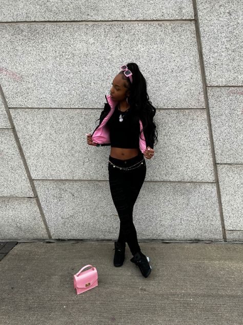 Pink sunglasses, pink purse, jordan chrome 6s, black and pink vest Chrome Jordan 6 Outfit, Jordan 6 Outfit Woman Black, Chrome 6s Jordan Outfit, Jordan Chrome 6s Outfit, Jordan 6 Chrome Outfit, Chrome 6s Outfit, Jordan 6s Outfit, Jordan 6 Outfit Woman, Pink Jordans Outfit