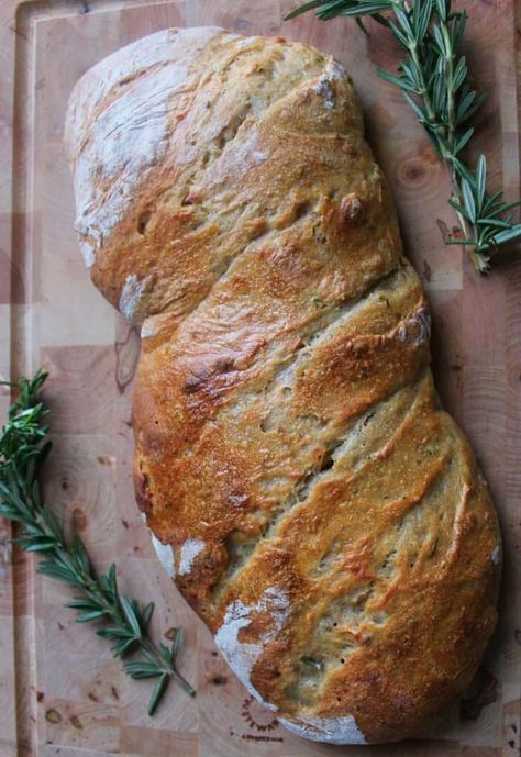 This crisp-crusted, golden rosemary sourdough bread is interspersed with hearty, fragrant herbs, and is great with a smear of butter, or a dab of jam. Rosemary Sourdough Bread, Rosemary Sourdough, Paleo Banana Bread, Homemade Bread Recipes Easy, Homemade Bread Easy, Sourdough Starter Recipe, Breads & Buns, Loaf Of Bread, Sourdough Baking