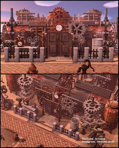 Steampunk Animal Crossing Island, Dark Academia Acnh Island Entrance, Acnh Academia Entrance, Steampunk Acnh Island, Acnh Entrance Town, Acnh Steampunk Design, Steampunk Animal Crossing, Acnh Factory, Acnh Steampunk