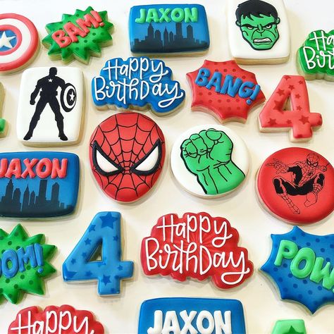 Fantastic Four Birthday Party Ideas, Three Year Old Spiderman Birthday, Superhero Birthday Cookies, Four Year Old Superhero Birthday, Birthday Ideas For 4 Year Boy, Birthday Theme For 4 Year Boy, 4yr Birthday Party Ideas Boy, Fantastic Four Birthday Party, 4 Yr Birthday Ideas Boy