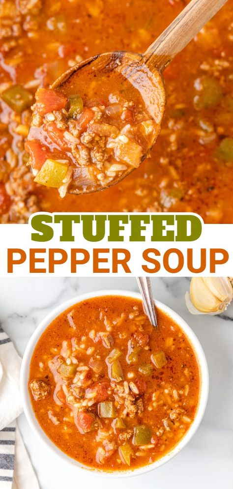 Stuffed Pepper Soup is a hearty soup recipe loaded with ground beef, diced green bell peppers, diced tomatoes and rice. Stuffed Bell Pepper Soup, Bell Pepper Soup, Easy Stuffed Peppers, Soup With Ground Beef, Stuffed Pepper, Pepper Soup, Crockpot Soup Recipes, Filling Dinner, Dinner Recipes For Family